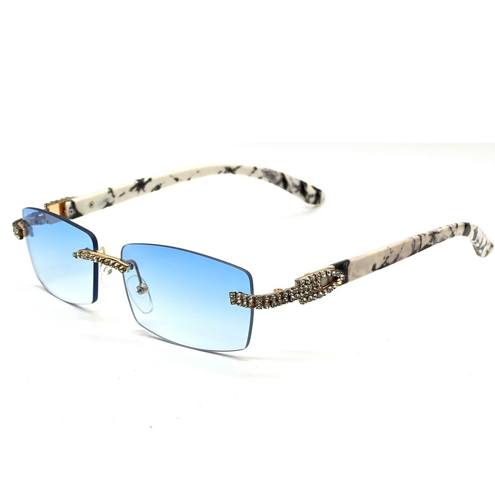 Sunglasses Blue Lens Men Gangster Rhinestone Stud Rimless Rectangle 90s Rapper - Picture 3 of 9